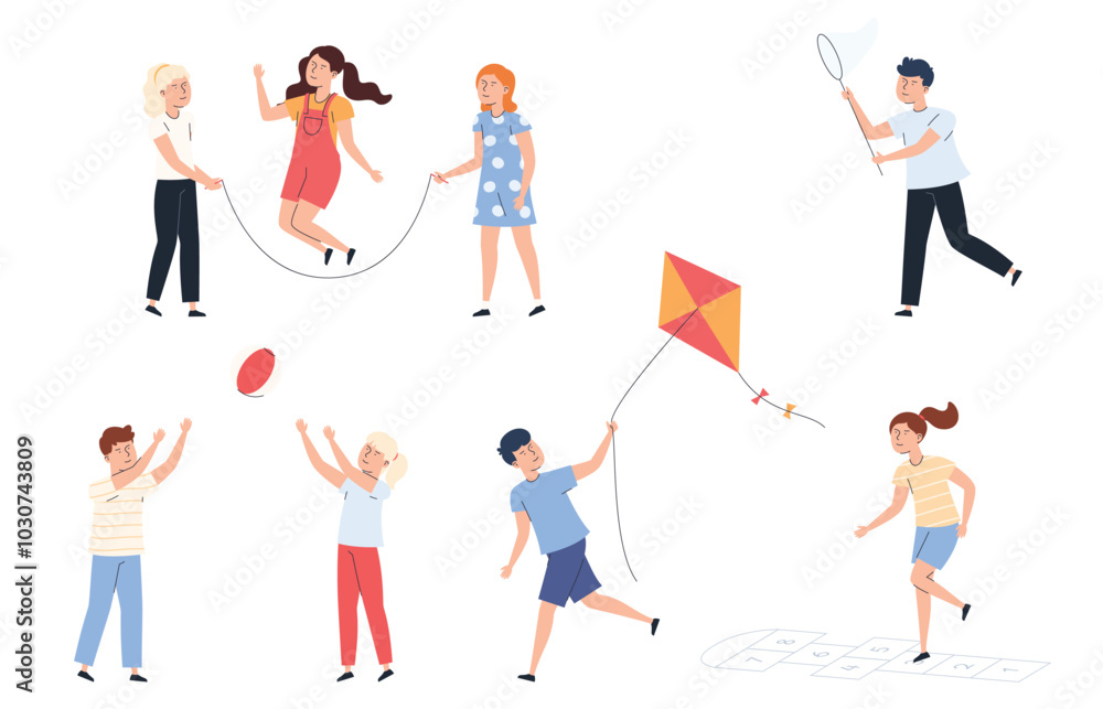 Different children boys and girls. Young people run, jump and play. Fun pastime. Vector illustration Different children boys and girls. Young people run, jump and play. Fun pastime. Vector illustration