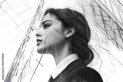 Woman's Profile Overlapping with Glass Building Facade photo