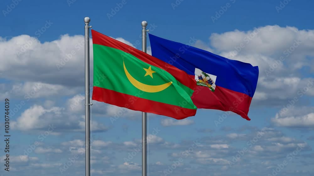 Haiti and Mauritania flags flying together, video concept of the relationship, two country relations concept Haiti and Mauritania flags flying together, video concept of the relationship, two country relations concept