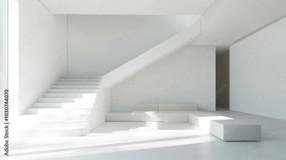 Minimalist white living room interior with modern staircase and sofa.