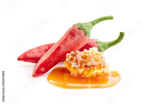 Honey with chilli peppers in closeup