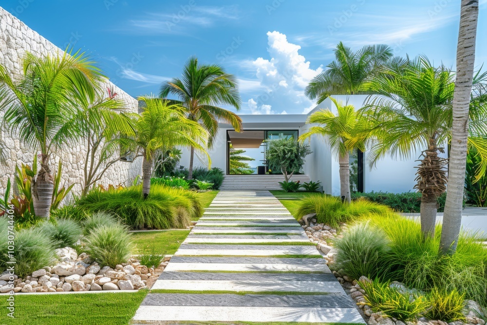 Modern Garden Design with Palm Trees, Green Grass, White Stone Walls, Small Steps to Entrance, Tropical Plants, Sunny Day, Blue Sky Modern Garden Design with Palm Trees, Green Grass, White Stone Walls, Small Steps to Entrance, Tropical Plants, Sunny Day, Blue Sky