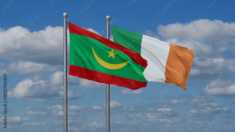 Ireland and Mauritania flags flying together, video concept of the relationship, two country relations concept Ireland and Mauritania flags flying together, video concept of the relationship, two country relations concept