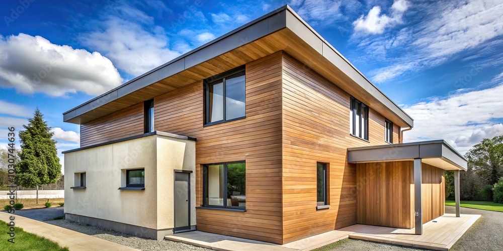 Insulated modern house with stucco wood cladding and siding in tilted angle Insulated modern house with stucco wood cladding and siding in tilted angle
