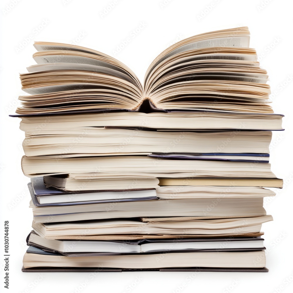 A stack of assorted books with one open on top, showcasing reading material. A stack of assorted books with one open on top, showcasing reading material.