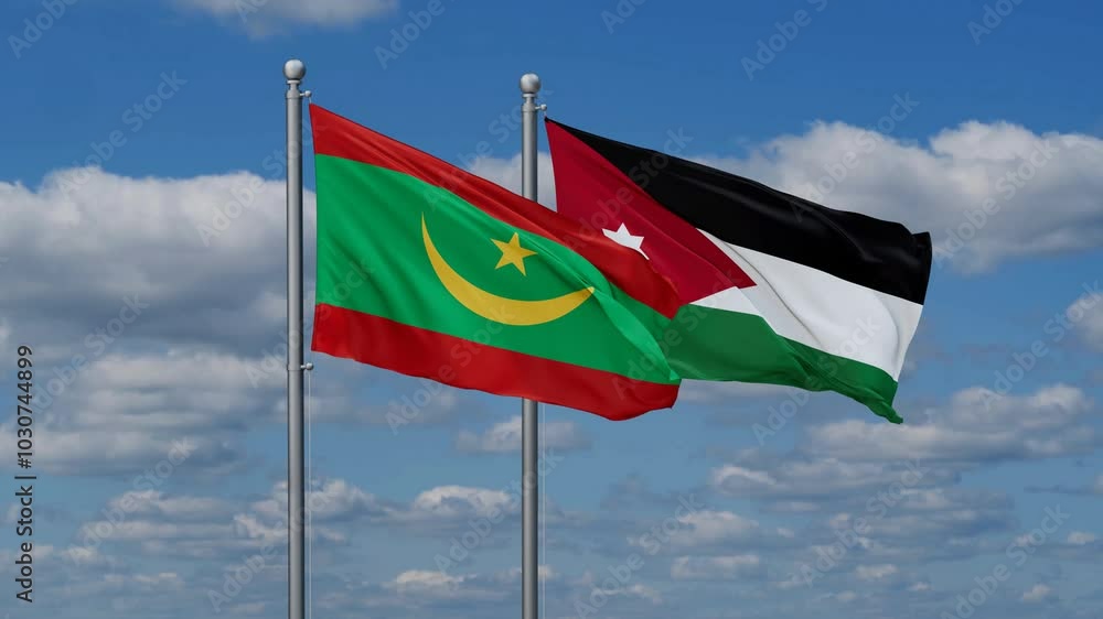 Jordan and Mauritania flags flying together, video concept of the relationship, two country relations concept Jordan and Mauritania flags flying together, video concept of the relationship, two country relations concept
