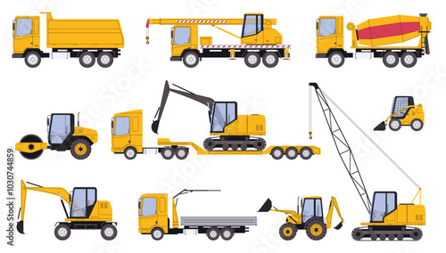 A set of construction equipment machines. Heavy trucks, dump truck, bulldozer, crane. Special equipment for the construction of houses and roads. Vector illustration