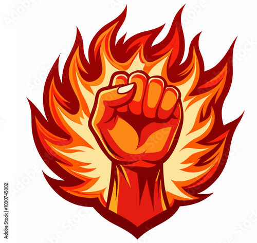 Vector illustration of a powerful raised clenched fist engulfed in red flames, symbolizing hand power and freedom, with a fiery fist icon.