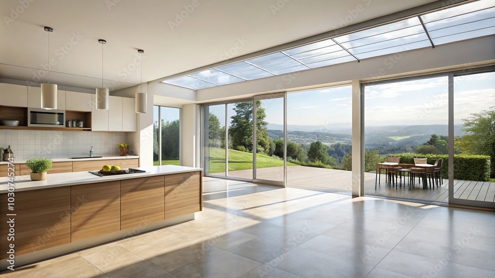 Fototapeta premium Interior studio with kitchen and terrace view