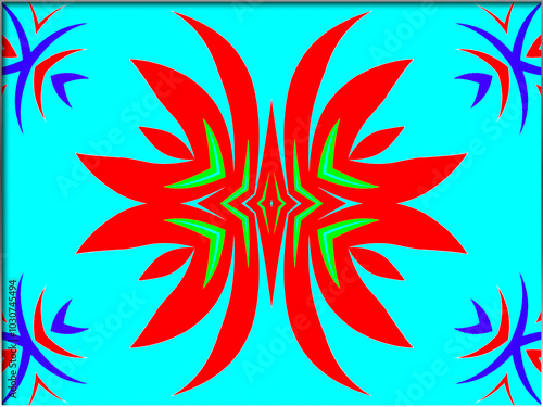 Fotografie Vibrant red and green symmetrical shapes create an abstract floral motif against a light blue background