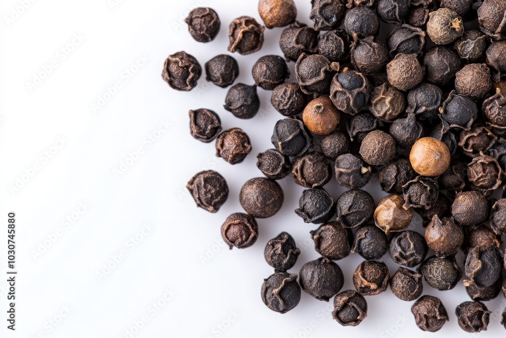 Numerous black peppercorns are scattered and isolated on a pure white background, showcasing their texture and color, perfect for culinary applications or spice collections. Numerous black peppercorns are scattered and isolated on a pure white background, showcasing their texture and color, perfect for culinary applications or spice collections.