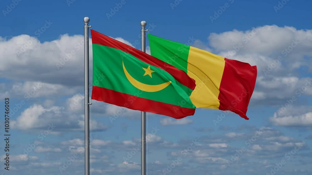 Mali and Mauritania flags waving together, video concept of the relationship, two country relations concept Mali and Mauritania flags waving together, video concept of the relationship, two country relations concept