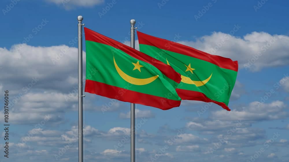 Mauritania flags flying together, video concept of the relationship, two country relations concept Mauritania flags flying together, video concept of the relationship, two country relations concept