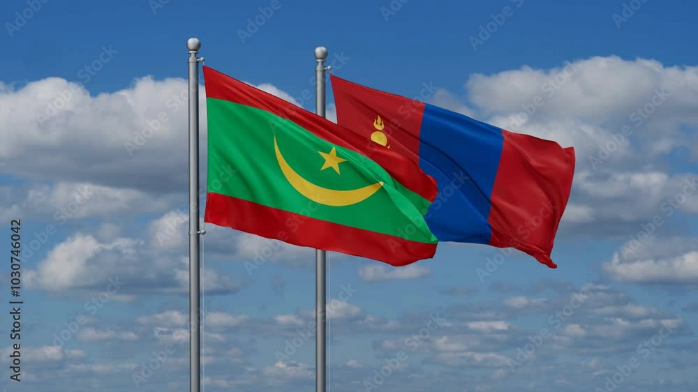 Mongolia and Mauritania flags flying together, video concept of the relationship, two country cooperation concept Mongolia and Mauritania flags flying together, video concept of the relationship, two country cooperation concept