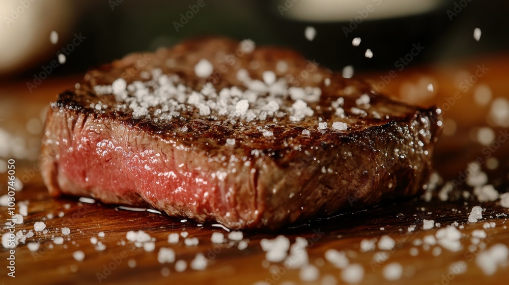 Salt Crystals Scattering on Steak Surface Salt Crystals Scattering on Steak Surface