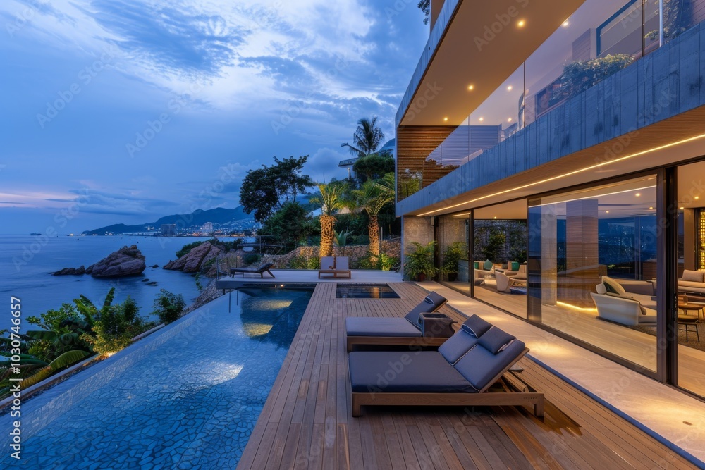 Fototapeta premium Modern Wooden Terrace with Loungers Overlooking the Sea at Night, Swimming Pool, and Biophilic Design