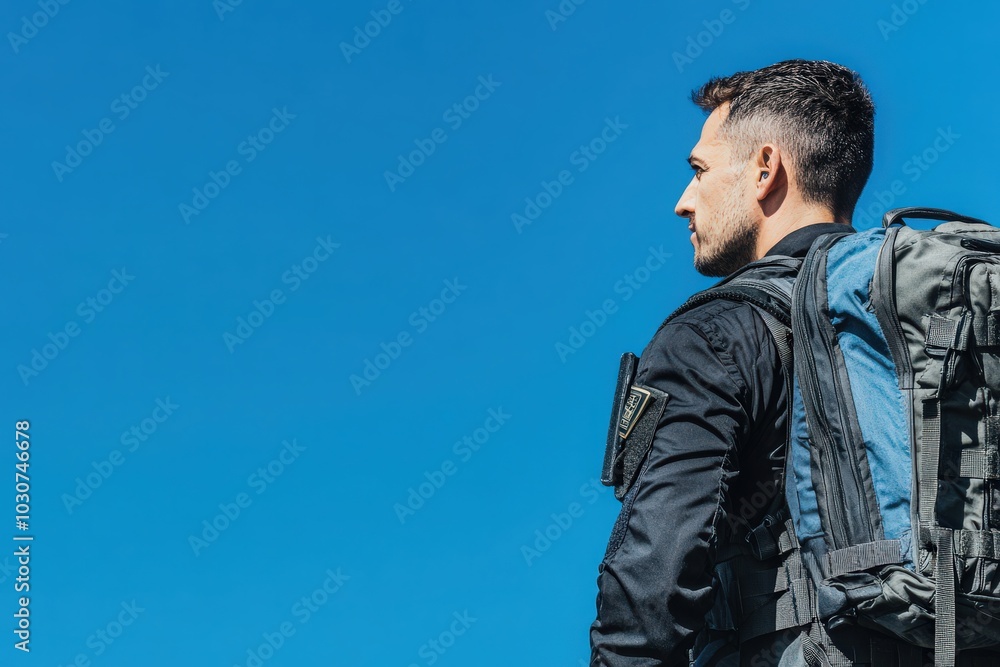 A border control officer is stationed outdoors, looking towards the horizon while wearing a backpack. The bright blue sky serves as a backdrop, highlighting the officers vigilant stance. A border control officer is stationed outdoors, looking towards the horizon while wearing a backpack. The bright blue sky serves as a backdrop, highlighting the officers vigilant stance.