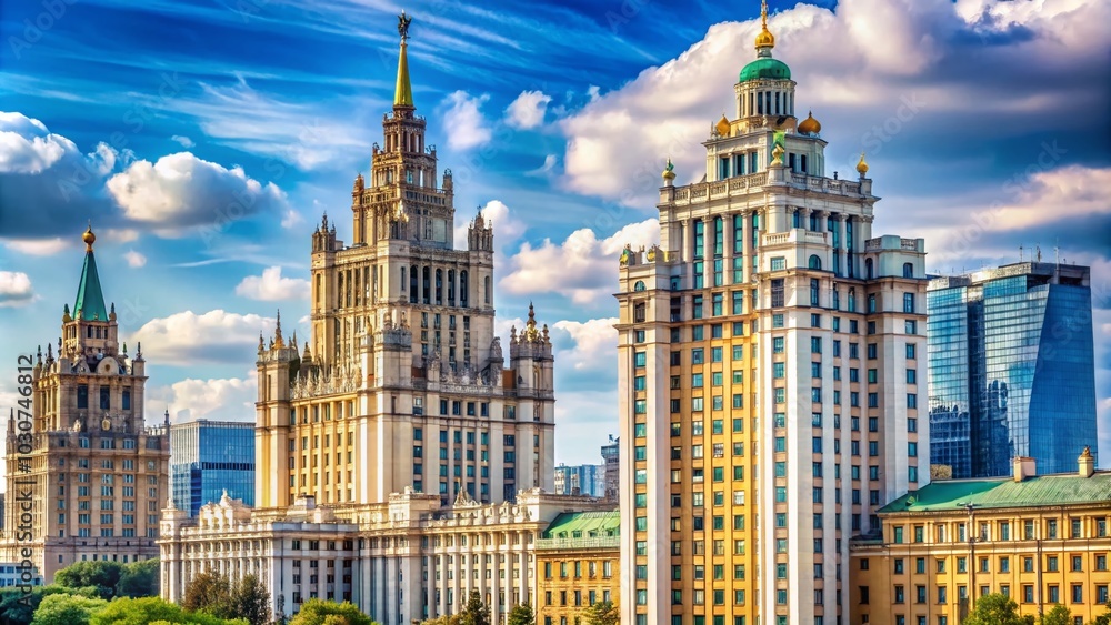 Fototapeta premium Macro View of Stalin Highrise and Book Houses on Novy Arbat in Moscow's Architectural Landscape