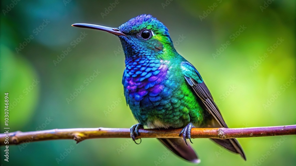 Iridescent hummingbird perched on a small branch Iridescent hummingbird perched on a small branch