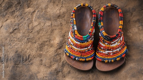 Top view of African sandals made from leather and beads with room for copy photo