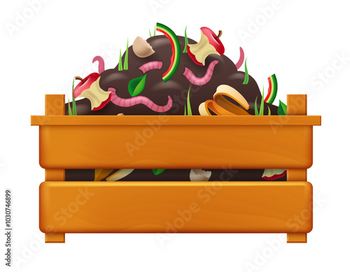 Compost pile in a crate. Vector 3d illustration.