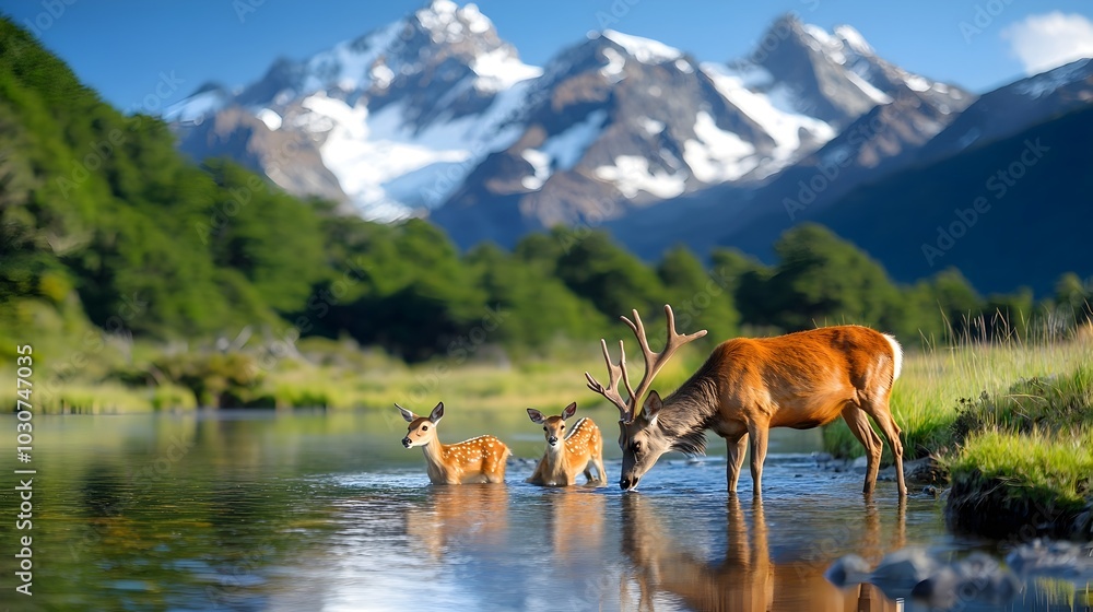 Naklejka premium A family of deer gracefully drinking from a crystal clear mountain stream with snow capped peaks and a lush forested landscape in the distance creating a picturesque and tranquil natural scene