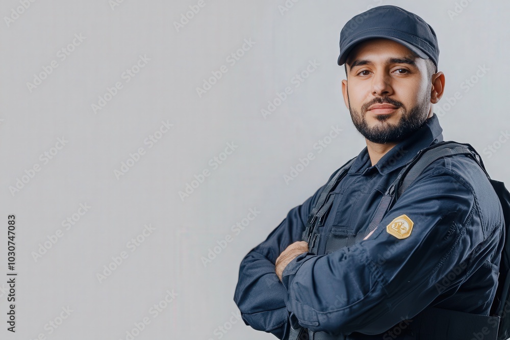 A border control officer stands with arms crossed, displaying a composed demeanor in uniform. The setting is clean and minimal, emphasizing professionalism and authority in border security. A border control officer stands with arms crossed, displaying a composed demeanor in uniform. The setting is clean and minimal, emphasizing professionalism and authority in border security.