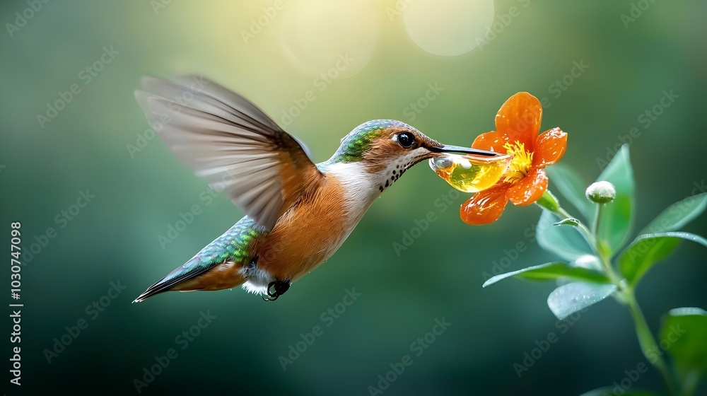 Fototapeta premium Close up view of a hummingbird hovering as it sips sweet nectar from the vibrant petals of a flowering plant with its wings a blur of motion as it feeds