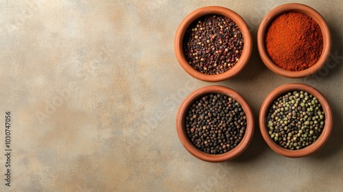 Top view of African spices in clay bowls on a neutral background with room for copy