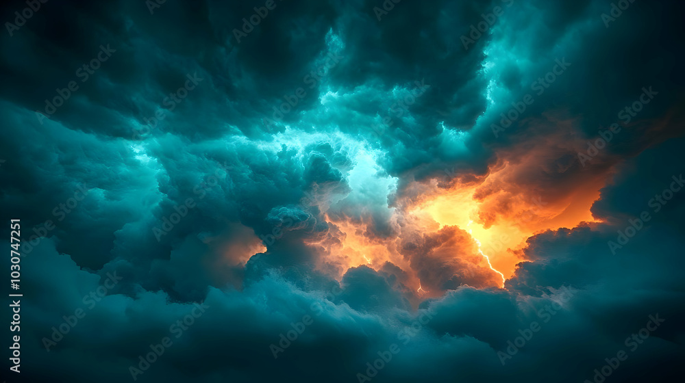 Dramatic clouds illuminated by vibrant colors in a stormy sky. Dramatic clouds illuminated by vibrant colors in a stormy sky.