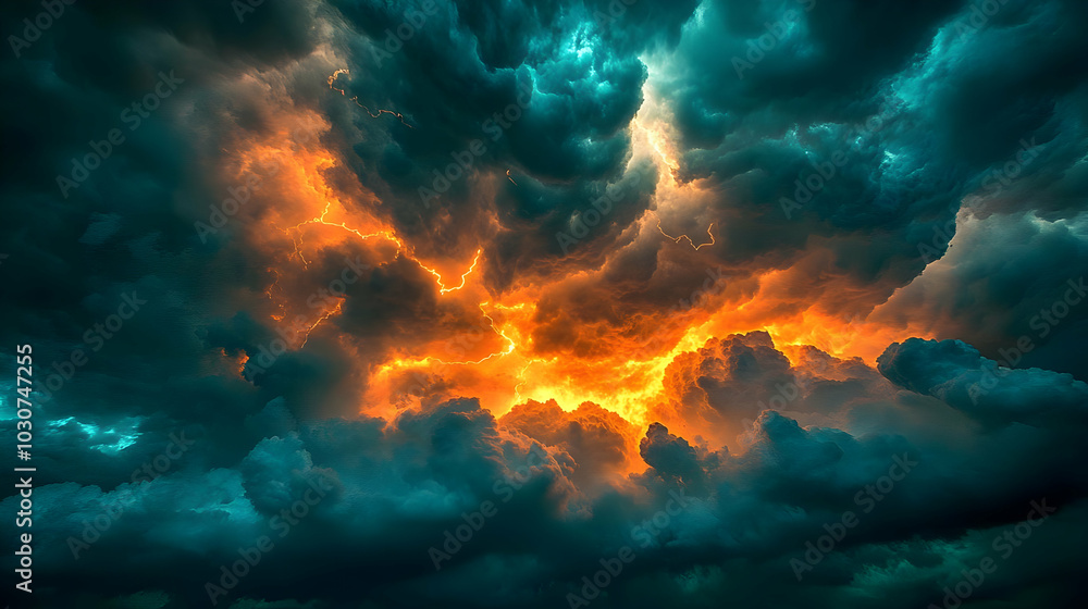 Dramatic clouds illuminated by fiery orange light. Dramatic clouds illuminated by fiery orange light.
