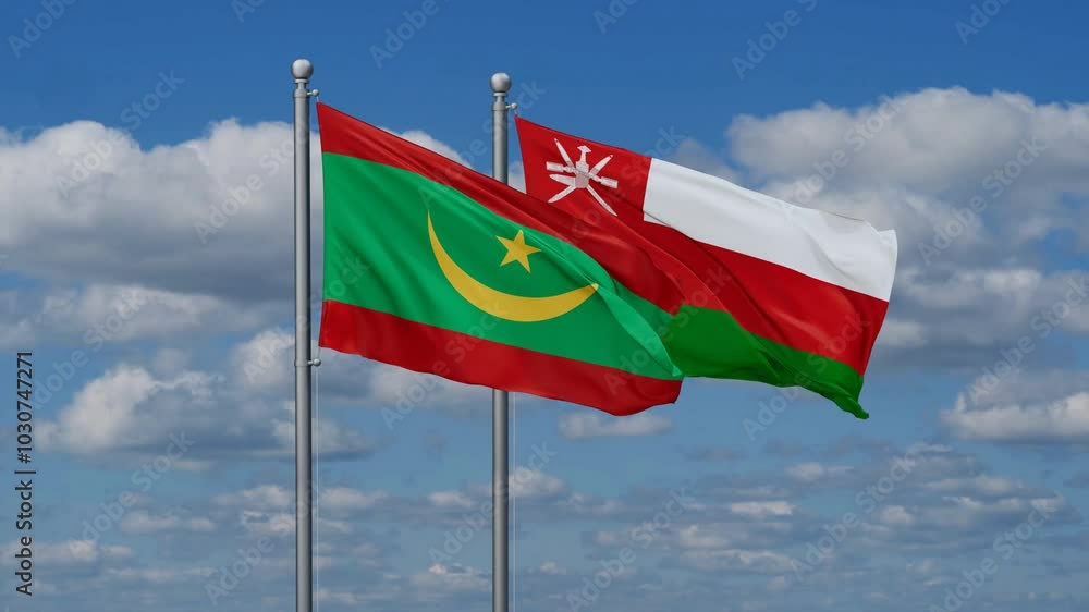 Oman and Mauritania flags flying together, video concept of the relationship, two country cooperation concept Oman and Mauritania flags flying together, video concept of the relationship, two country cooperation concept
