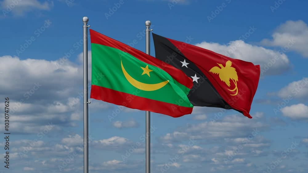 Papua New Guinea and Mauritania flags flying together, video concept of the relationship, two country relations concept Papua New Guinea and Mauritania flags flying together, video concept of the relationship, two country relations concept