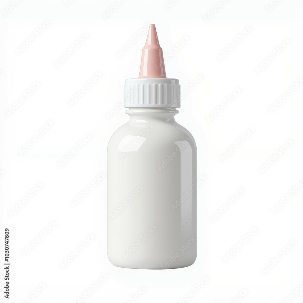a simple white bottle with a pink cap, commonly used for dispensing glue or liquid materials.