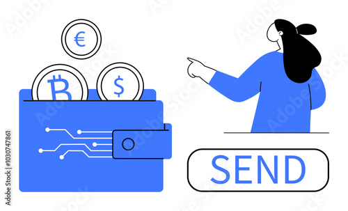 Woman pointing at a digital wallet showcasing cryptocurrency coins such as Bitcoin, Euro, and Dollar. SEND button is also present. Ideal for finance, digital economy, cryptocurrency, transactions