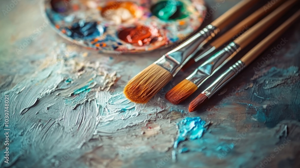 Obraz premium Paintbrushes and palette with colorful paint on a gray wooden surface.