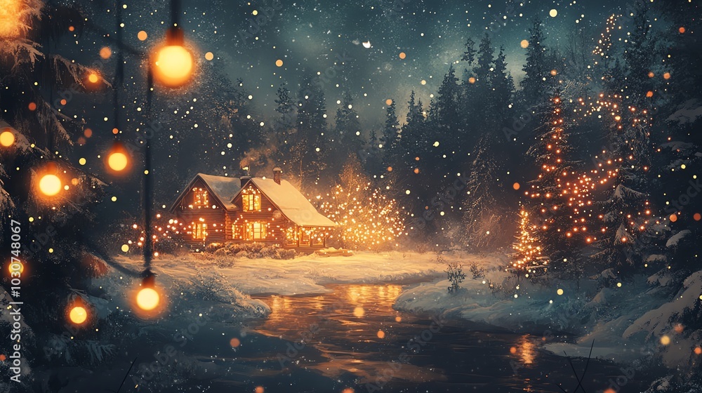 Fototapeta premium Winter cabin scene with snow and festive lights at night.