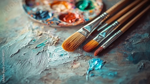 Paintbrushes and palette with colorful paint on a gray wooden surface.