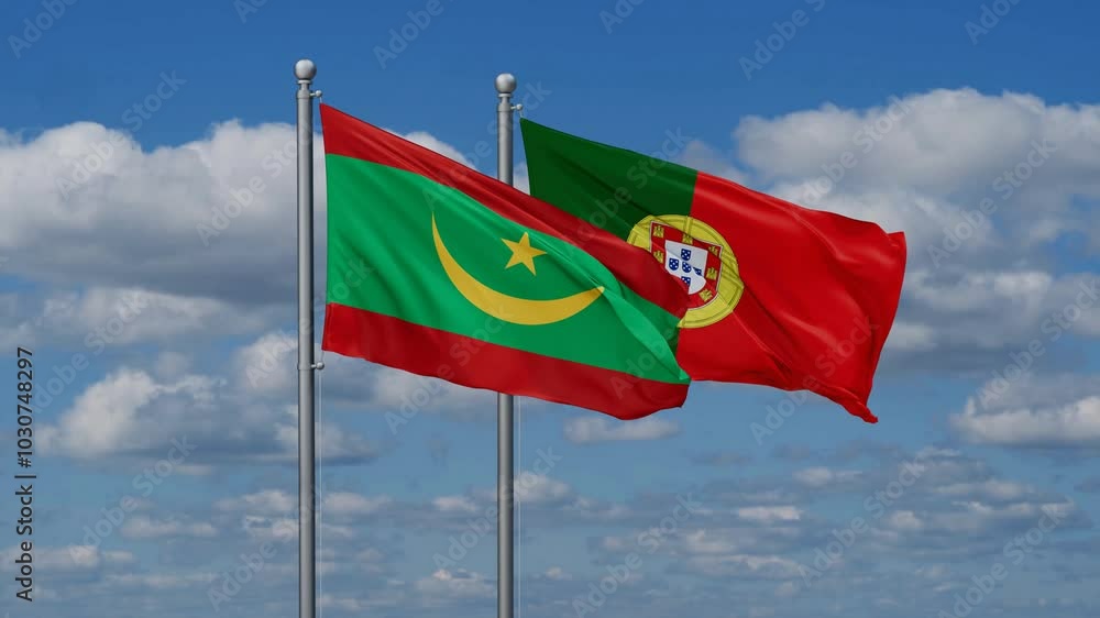 Portugal and Mauritania flags flying together, video concept of the relationship, two country cooperation concept Portugal and Mauritania flags flying together, video concept of the relationship, two country cooperation concept