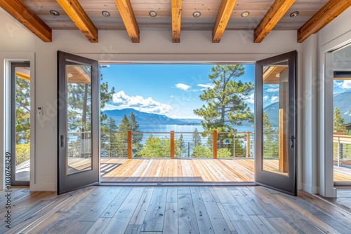 Open Balcony Door to Deck with Lake Tahoe View, Modern Cabin Interior with Wood Beams and Natural Light