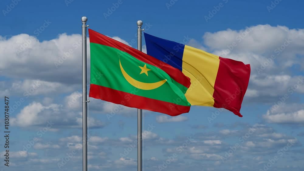 Romania and Mauritania flags flying together, video concept of the relationship, two country cooperation concept Romania and Mauritania flags flying together, video concept of the relationship, two country cooperation concept