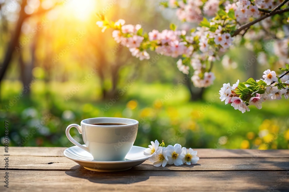 Forced perspective cup of coffee and flowers with tree in background Forced perspective cup of coffee and flowers with tree in background