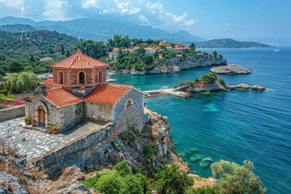 Fototapeta premium Old Church with Red Roof Overlooking Harbor in Meryne, Greece, Panoramic View of Lounda Entrance and Moni Neonhard Monastery on Sunny Day