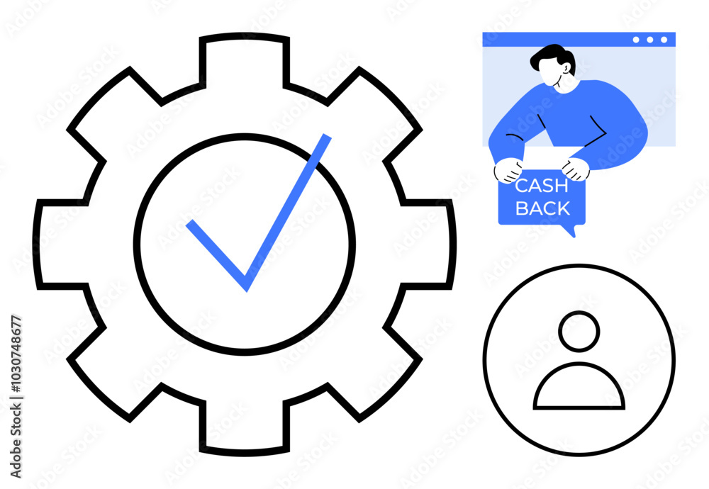 Gear with check mark, human icon, person holding a cashback sign. Ideal for business, efficiency, personal profile, finance, and customer rewards. Minimalist, modern, and clean style Gear with check mark, human icon, person holding a cashback sign. Ideal for business, efficiency, personal profile, finance, and customer rewards. Minimalist, modern, and clean style