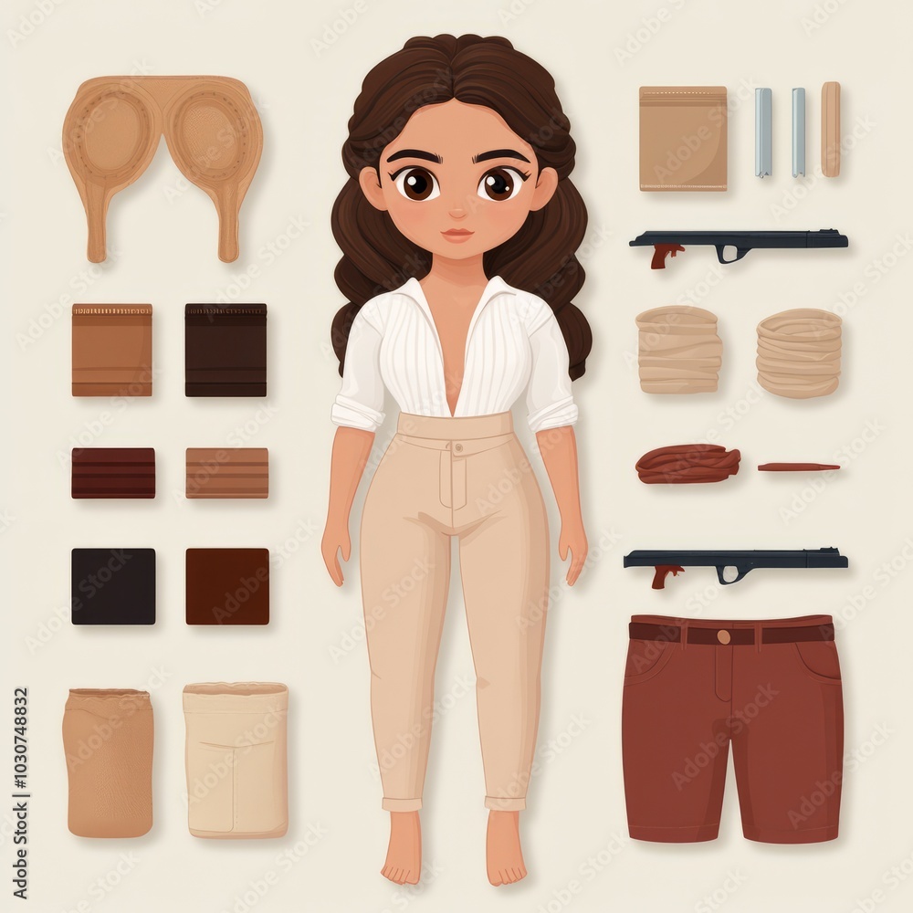 A character design featuring clothing and accessories for customization. A character design featuring clothing and accessories for customization.