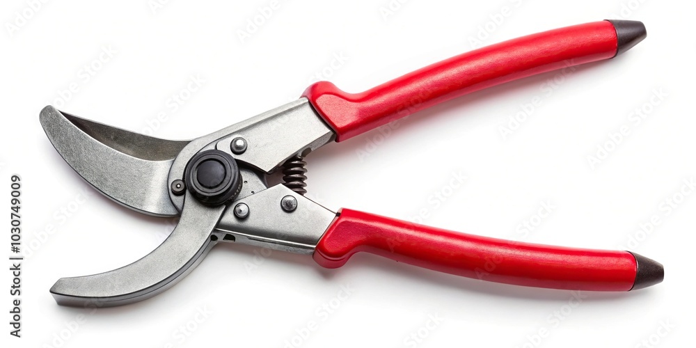 Isolated garden pruner with a red handle high angle view Isolated garden pruner with a red handle high angle view