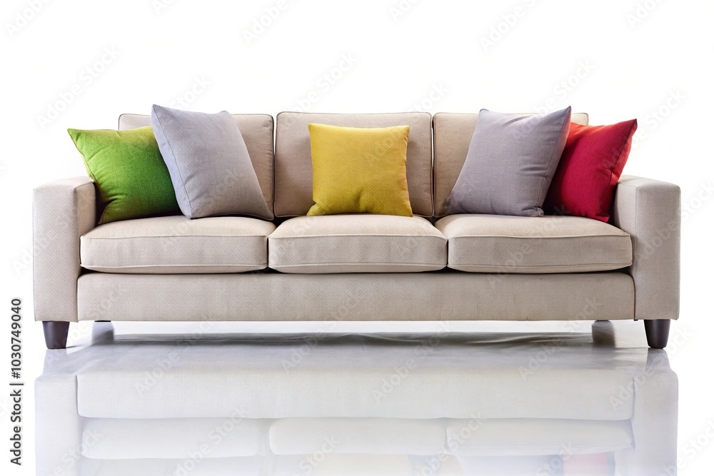 Fototapeta premium Isolated gray sofa with armrests and colorful cushions