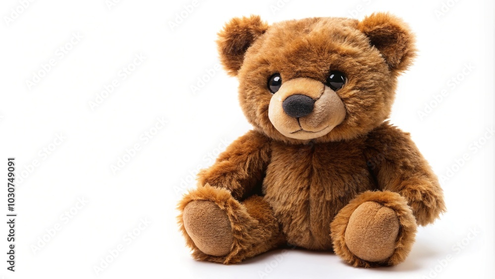 Fototapeta premium Forced perspective plush toy of a cute brown bear cub isolated on white background