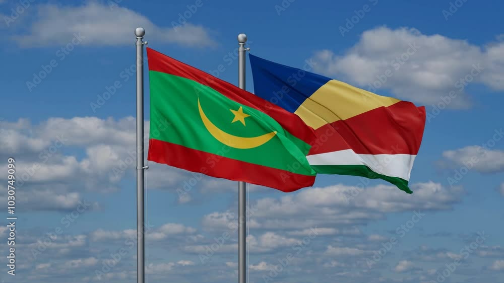 Seychelles and Mauritania flags flying together, video concept of the relationship, two country relations concept Seychelles and Mauritania flags flying together, video concept of the relationship, two country relations concept