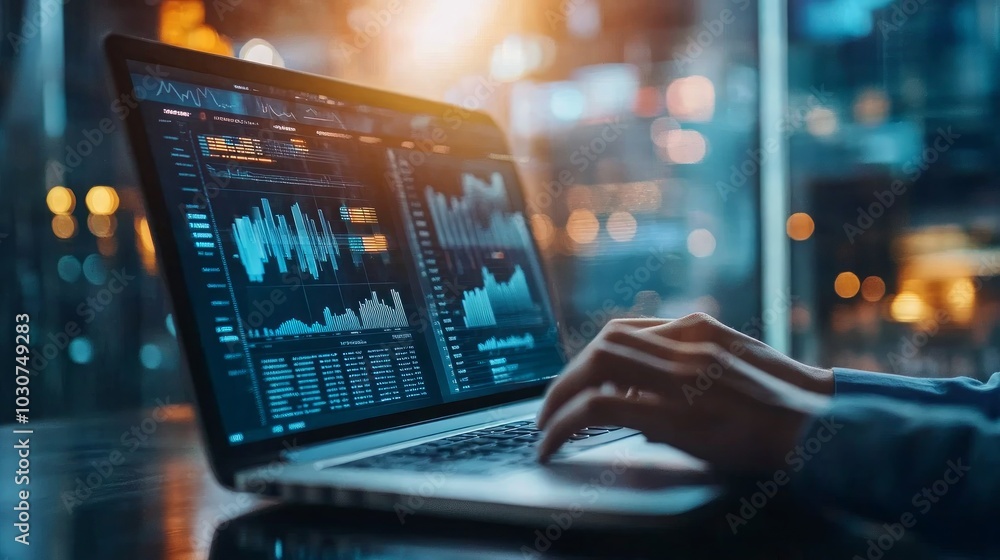 Person working on a laptop with stock market data displayed on the screen. Person working on a laptop with stock market data displayed on the screen.